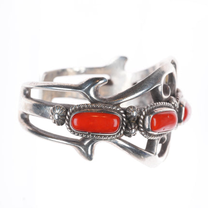 6.4" Eddie Chee Navajo sandcast sterling silver red coral cuff bracelet