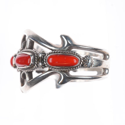 6.4" Eddie Chee Navajo sandcast sterling silver red coral cuff bracelet