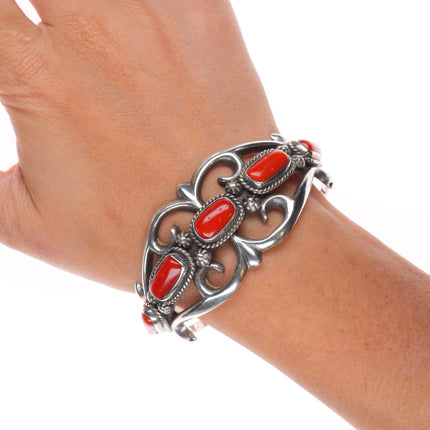 6.4" Eddie Chee Navajo sandcast sterling silver red coral cuff bracelet