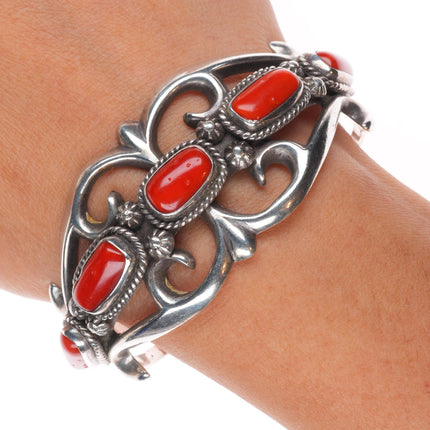 6.4" Eddie Chee Navajo sandcast sterling silver red coral cuff bracelet