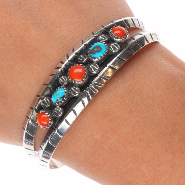 6.4" E Claw Navajo for Atkinson sterling silver, turquoise, coral cuff bracelet