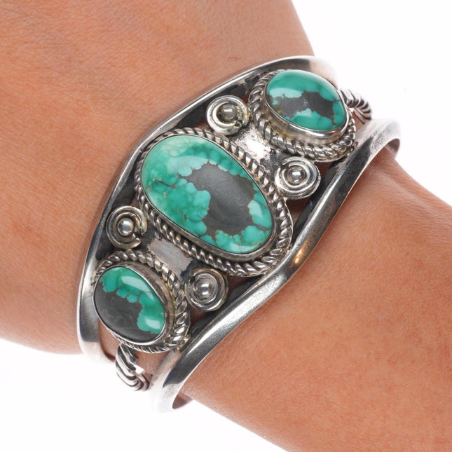 6.25" Vintage Navajo sterling silver green turquoise 3 stone cuff bracelet