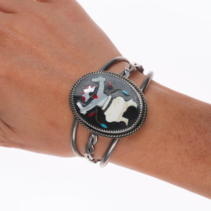 6.3" Vintage Zuni sterling silver intarsia inlay Ghan dancer cuff bracelet