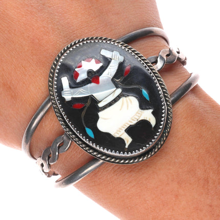 6.3" Vintage Zuni sterling silver intarsia inlay Ghan dancer cuff bracelet