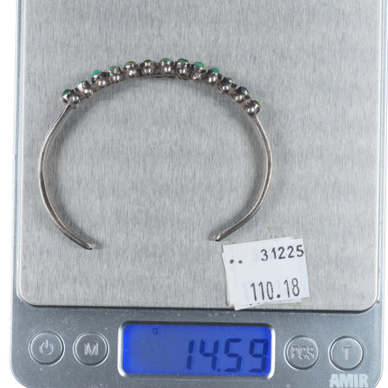 6.75" c1940 Zuni green snake eye turquoise sterling silver cuff bracelet