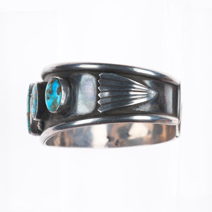 6.75" Vintage Navajo Morenci Turquoise row cuff bracelet sterling silver