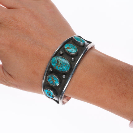 6.75" Vintage Navajo Morenci Turquoise row cuff bracelet sterling silver