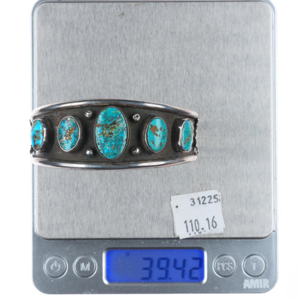 6.75" Vintage Navajo Morenci Turquoise row cuff bracelet sterling silver