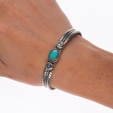 6.4" 1930's Vintage Navajo sterling silver twisted wire turquoise cuff bracelet