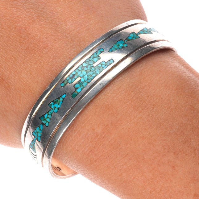 6.4" Thomas Singer Navajo sterling silver chip inlay turquoise cuff bracelet