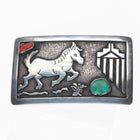 Allen Pooyouma Hopi sterling silver Horse/raincloud coral/turquoise belt buckle