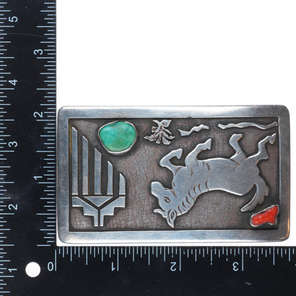 Allen Pooyouma Hopi sterling silver Horse/raincloud coral/turquoise belt buckle