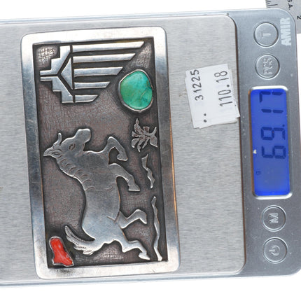 Allen Pooyouma Hopi sterling silver Horse/raincloud coral/turquoise belt buckle