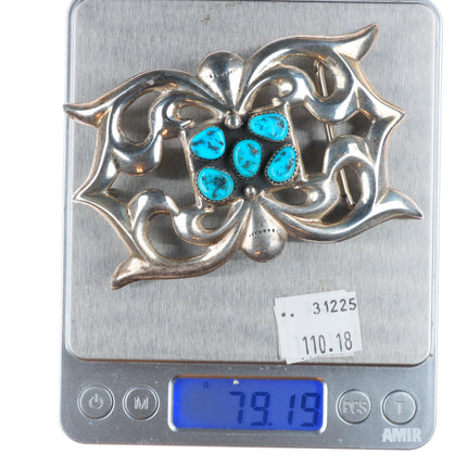 Vintage Navajo cast sterling silver 5 stone turquoise cluster belt buckle