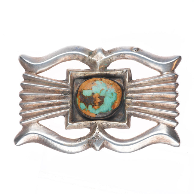 older Vintage Navajo cast sterling silver green turquoise belt buckle