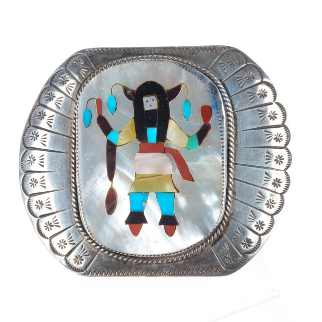 Big Vintage RB Navajo sterling silver Zuni intarsia inlay dancer belt buckle