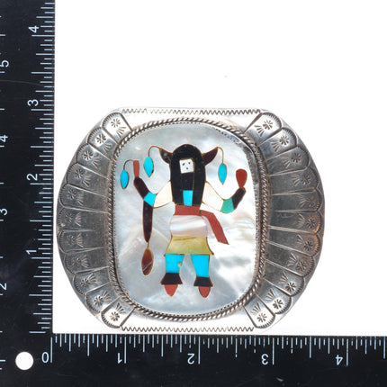 Big Vintage RB Navajo sterling silver Zuni intarsia inlay dancer belt buckle
