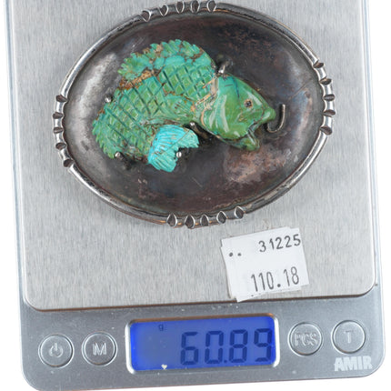 Vintage Native American sterling silver Zuni fish fetish turquoise belt buckle