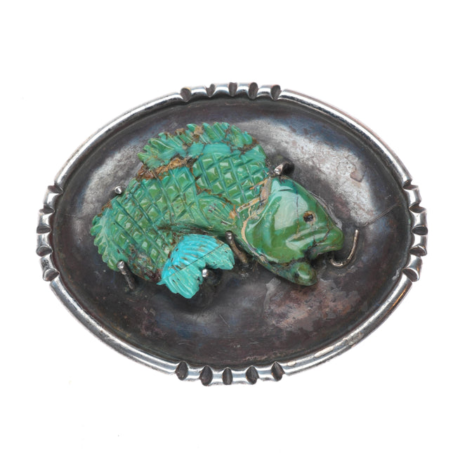 Vintage Native American sterling silver Zuni fish fetish turquoise belt buckle
