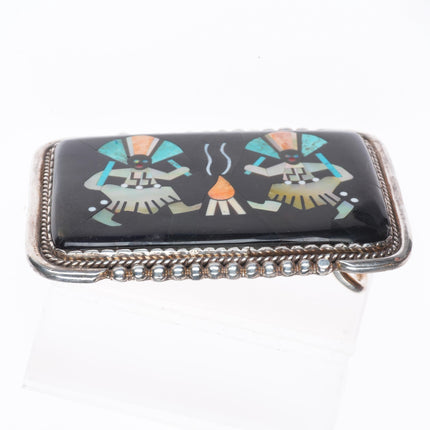 Vintage Etsate Zuni sterling silver Gan dancers intarsia inlay belt buckle