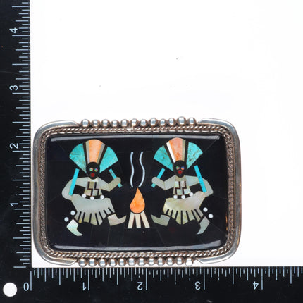 Vintage Etsate Zuni sterling silver Gan dancers intarsia inlay belt buckle