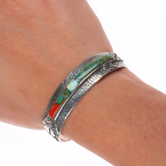 6.1" Vintage Native American sterling silver 14k/stone inlay Yei cuff bracelet