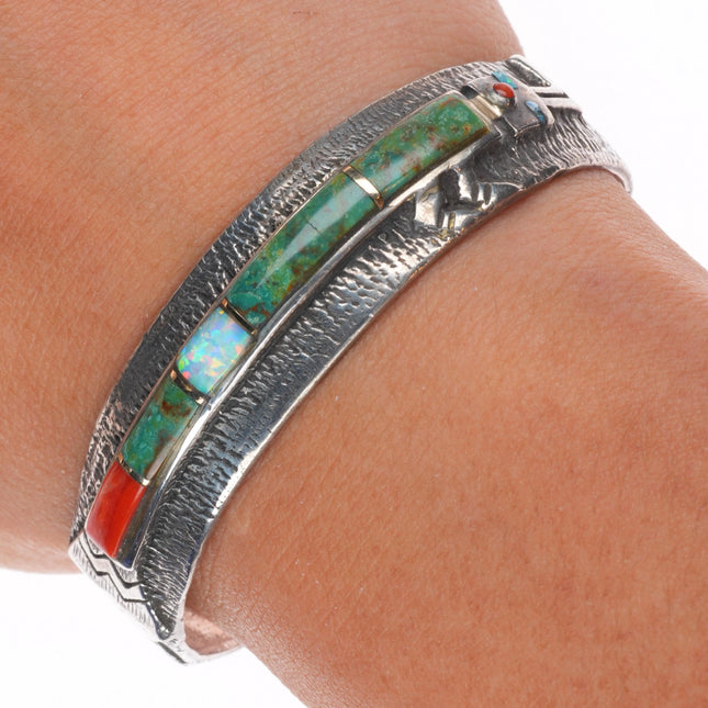 6.1" Vintage Native American sterling silver 14k/stone inlay Yei cuff bracelet