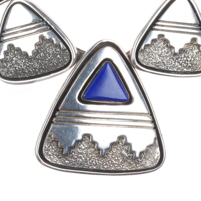Alfred Joe Navajo Sterling silver lapis beaded necklace shadowbox/overlay design