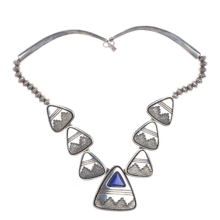 Alfred Joe Navajo Sterling silver lapis beaded necklace shadowbox/overlay design