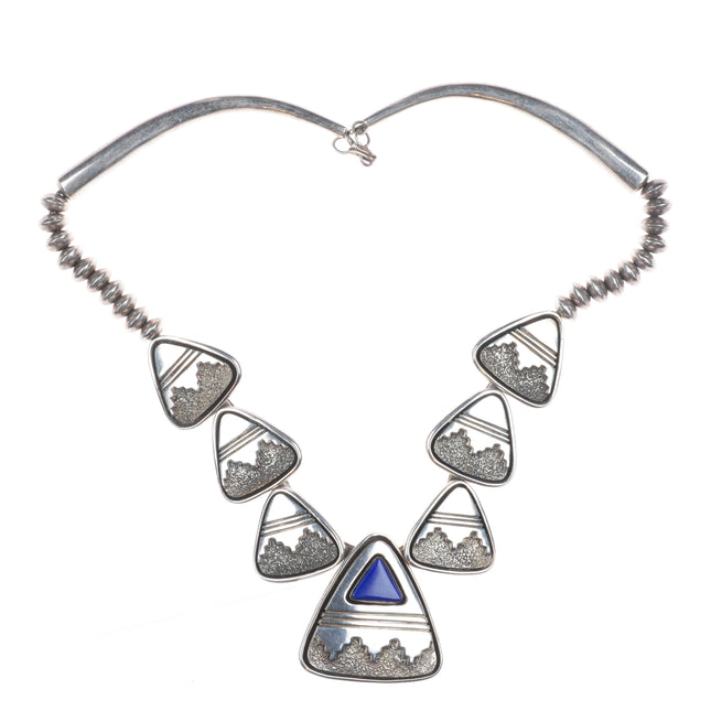 Alfred Joe Navajo Sterling silver lapis beaded necklace shadowbox/overlay design