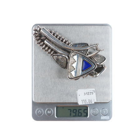 Alfred Joe Navajo Sterling silver lapis beaded necklace shadowbox/overlay design