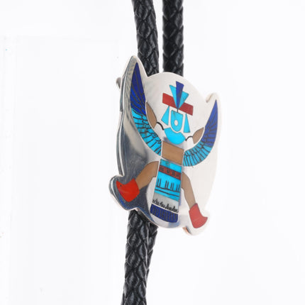 H.M. Coonsis Zuni sterling silver turquoise/coral inlay knifewing bolo tie