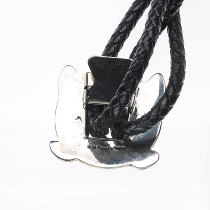 H.M. Coonsis Zuni sterling silver turquoise/coral inlay knifewing bolo tie