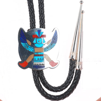 H.M. Coonsis Zuni sterling silver turquoise/coral inlay knifewing bolo tie