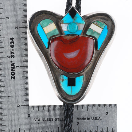 Large vintage Santo Domingo sterling silver agate bolo tie turquoise/shell inlay