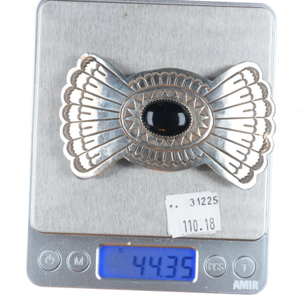 Large Vintage Navajo nicely stamped sterling silver onyx barrette/hair clip