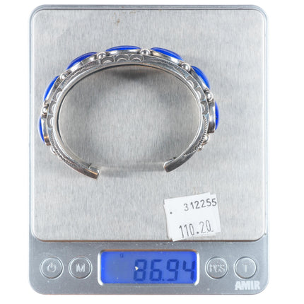 6.3" Jeanette Dale Navajo carinated sterling silver lapis row cuff bracelet