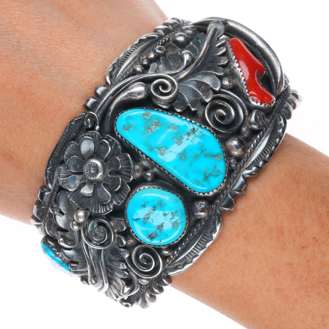 7.25" Large Vintage Navajo sterling silver, turquoise/coral cuff bracelet