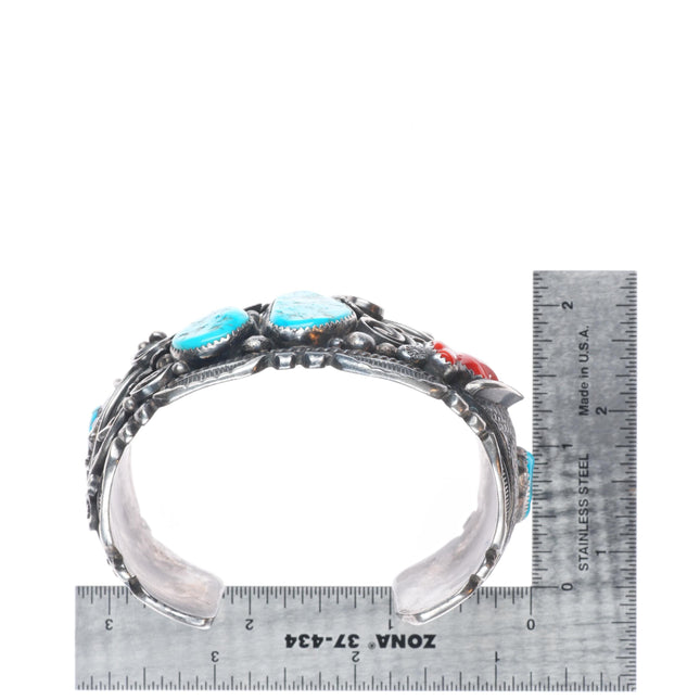 7.25" Large Vintage Navajo sterling silver, turquoise/coral cuff bracelet