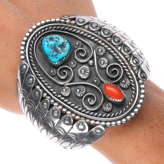 6.3" Vintage Roy Vandever Navajo sterling silver, turquoise, coral cuff bracelet