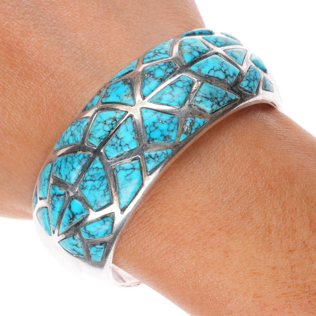 6" Gibson Montano Navajo sterling silver spiderweb turquoise inlay cuff bracelet