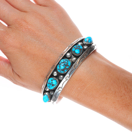 7" Vintage Navajo carinated sterling silver turquoise row cuff bracelet