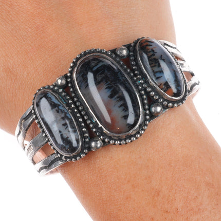 6.6" Vintage Navajo  sterling silver Petrified wood agate 3 stone cuff bracelet