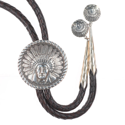 Edward Bohlin "Chief Red Wolf" Sterling silver hand engraved bolo tie Indian