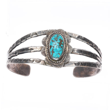 7" 30's-40's Navajo sterling silver arrow stamped cuff bracelet w/Nice turquoise