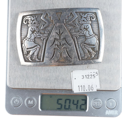 Alde Qumyintewa Hopi overlay kachina/corn sterling silver belt buckle