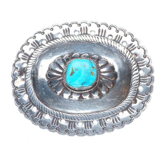 Vintage Navajo sterling silver pierced edge concho belt buckle with turquoise