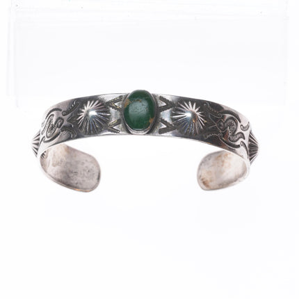 6.25" 1930's Navajo sterling silver snakes/arrows green turquoise cuff bracelet