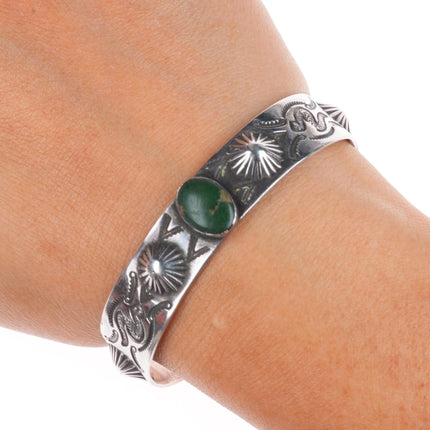 6.25" 1930's Navajo sterling silver snakes/arrows green turquoise cuff bracelet