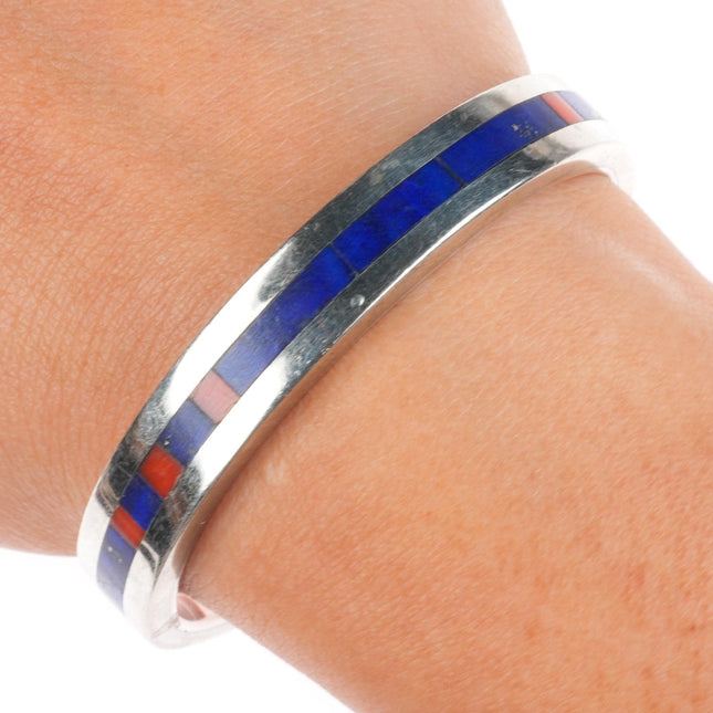 6" J.A Young & A.K. Edgar sterling silver lapis/coral inlay cuff bracelet